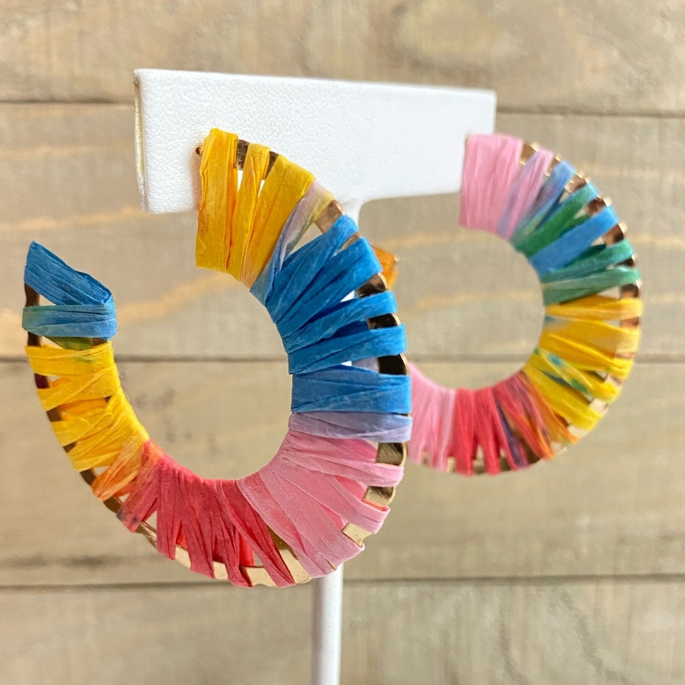 Multicolor Raffia Light Weight Hoop Earrings